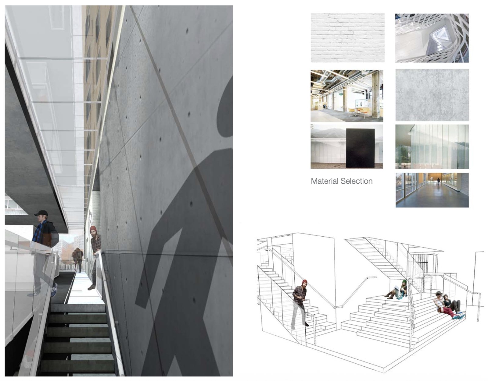 RISD: Student centre: stair render, material selection and stair sketch